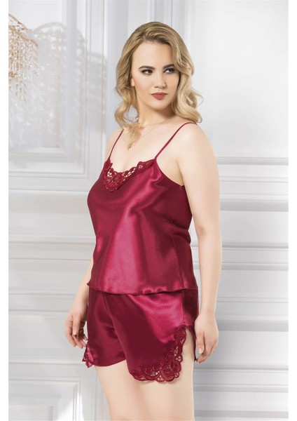 Büyük Beden Bordo Saten Babydoll Şort Takımı