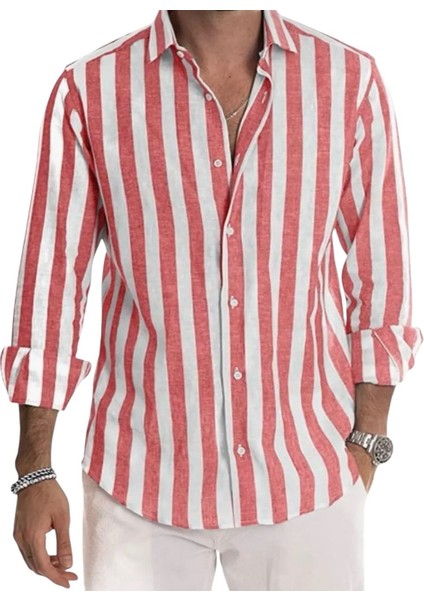 Erkek Gömlek Slim Fit Çizgili Pamuk Keten(Kırmızı)