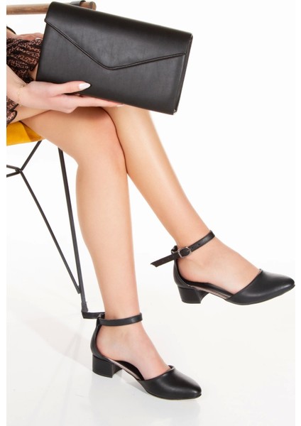 Kadın Siyah Cilt Karnıyarık Kısa Topuklu Ayakkabı Çanta Takımı