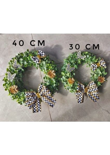 Damalı Yapay Okaliptuslu Lüks Kapı Süsü 30 cm, Dekor, Dama, Çelenk, Çember fırsatları
