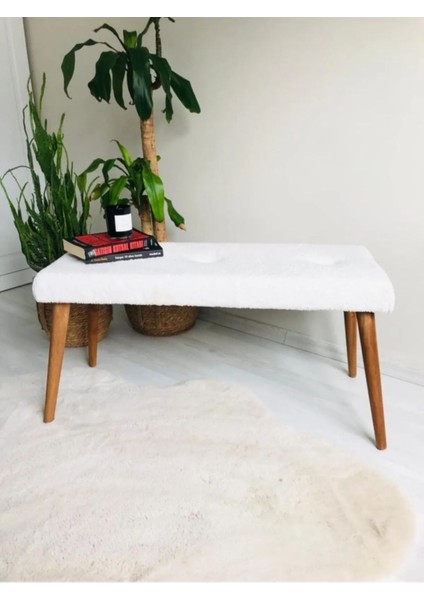 Ahşap Ayaklı Handmade Geniş Oturum Alanlı Beyaz Welsoft Kumaş Pofidik Puf Bench ,ayak Ucu Uzatmalık