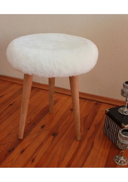 Gürgen Ahşap Retro Ayak Dekoratif Beyaz Peluş Puf Tabure Bench Koltuk Sandalye