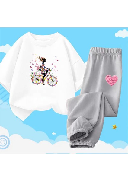 Özel Tasarım Uçuşan Kelebekler Bisiklet Baskılı Kısa Kollu Yazlık Kız Çocuk Eşofman Takımı