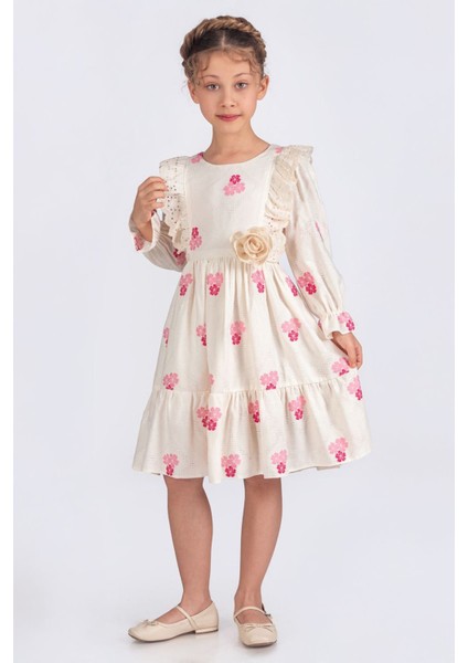 Çiçek Desenli Kız Çocuk Fisto Detaylı elbise - Pembe