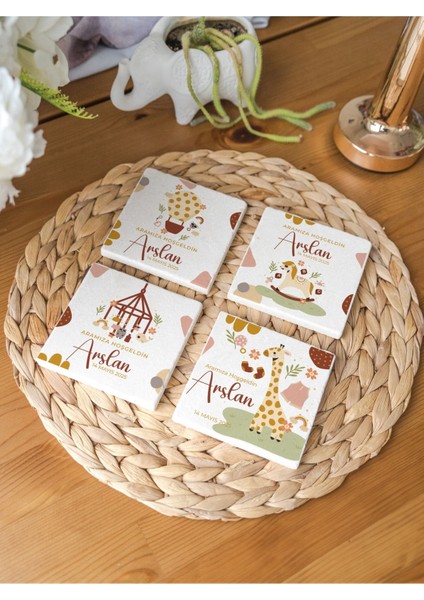 20 Adet Doğal Taş Kişiye Özel Hoş Geldin Bebek Hediyelik Bardak Altlığı (10X10 Cm)