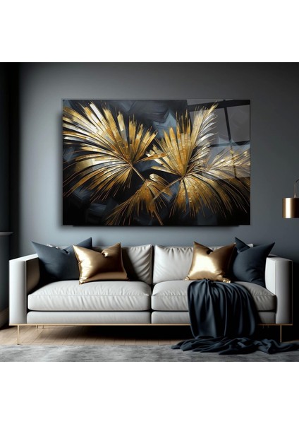Kristal Gold Yaprak Desenli Sanatsal Cam Tablo fiyatları