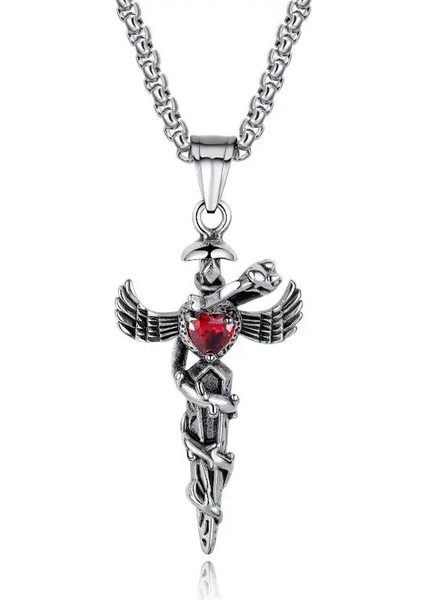 Gotik Witchcraft Haç Vintage Ejder Kanatlı Zirkon Taş 316L Çelik Unisex Paslanmaz Kolye