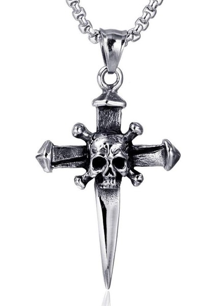 Gotik Haç Kuru Kafa Erkek 316L Paslanmaz Çelik Takı Kolye