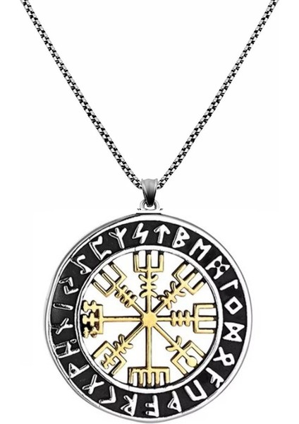 Viking Nordik Vegvisir Işlemeli Runik Sembollü 316L Paslanmaz Çelik Kolye Gold fiyatları