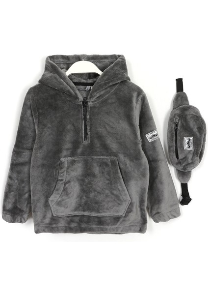 Kanguru Cep Çanta Aksesuarlı Polar Unisex Bebek & Çocuk Kapüşonlu Sweatshirt Mavi 001-0001972