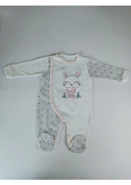 0-3 3-6 Ay Minik Tavşan Nakışlı Boydan Çıtçıt Kapamalı Kız Erkek Bebek Tulumu