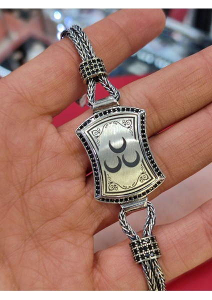 925 Ayar Gümüş Üç Hilalli El Yapımı Hasır Bileklik, Üç Hilal Erkek Bileklik fırsatları