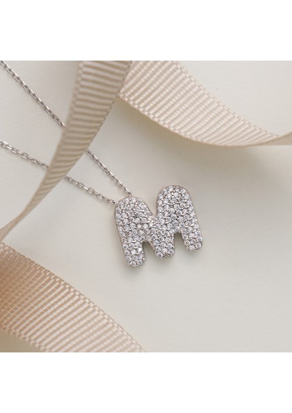 925 Ayar Radyum Kaplama Harfli -M Harfi Gümüş Kolye