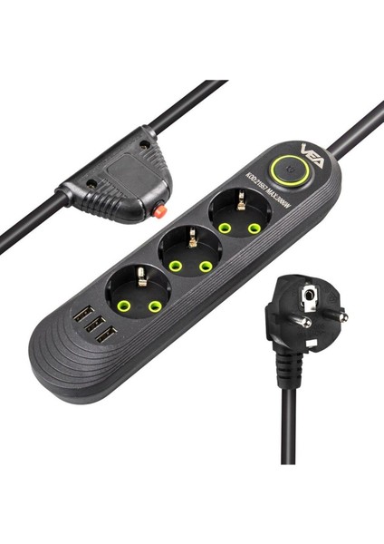 VA-21557 3'lü 1.5 mt Kablolu 3 Usb'li Siyah Akım Korumali Priz