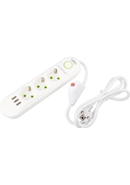 VA-21558 3'lü 1.5 mt Kablolu 3 Usb'li Beyaz Akım Korumalı Priz