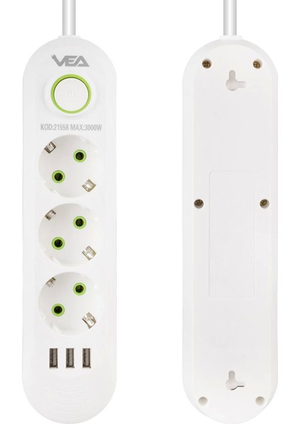 VA-21558 3'lü 1.5 mt Kablolu 3 Usb'li Beyaz Akım Korumalı Priz
