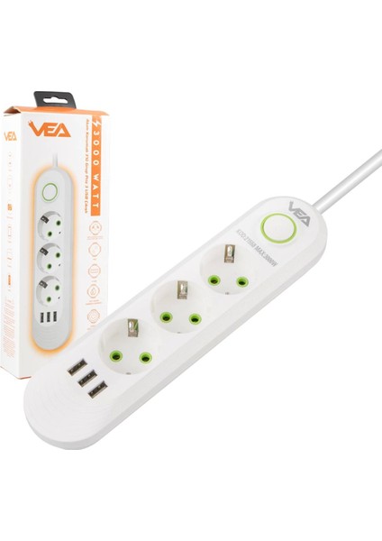 VA-21558 3'lü 1.5 mt Kablolu 3 Usb'li Beyaz Akım Korumalı Priz