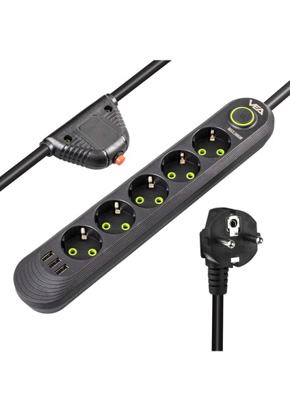 Siyah Beşli Termal Akım Korumalı Grup Priz 1.5 mt Kablo + 3 USB BSN63-H75X