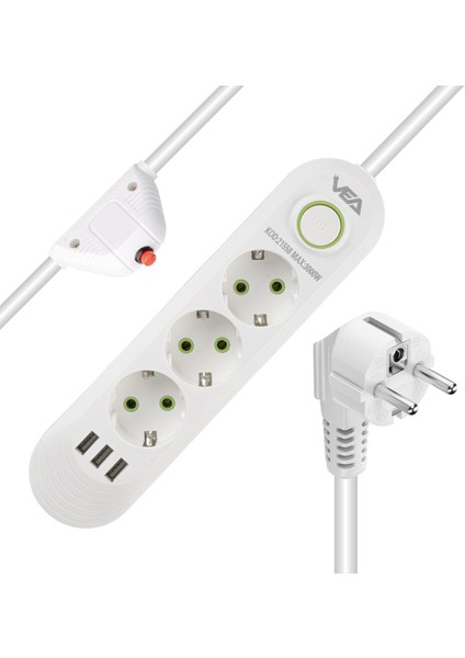 VNDB55 VA-21558 3'lü 1.5 mt Kablolu 3 Usb'li Beyaz Akım Korumali Priz