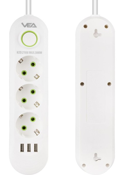 VNDB55 VA-21558 3'lü 1.5 mt Kablolu 3 Usb'li Beyaz Akım Korumali Priz modelleri