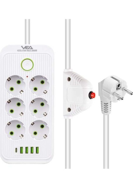 Roztom Vea VA-21564 6li 1.5 mt Kablolu 4 Usb'li Beyaz Akım Korumali Priz