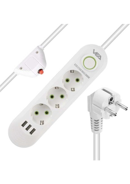 810000 Vea VA-21558 3'lü 1.5 mt Kablolu 3 Usb'li Beyaz Akım Korumali Priz