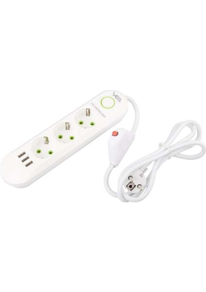 M3LFS- Vea VA-21558 3'lü 1.5 mt Kablolu 3 Usb'li Beyaz Akım Korumalı Priz
