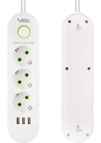 M3LFS- Vea VA-21558 3'lü 1.5 mt Kablolu 3 Usb'li Beyaz Akım Korumalı Priz