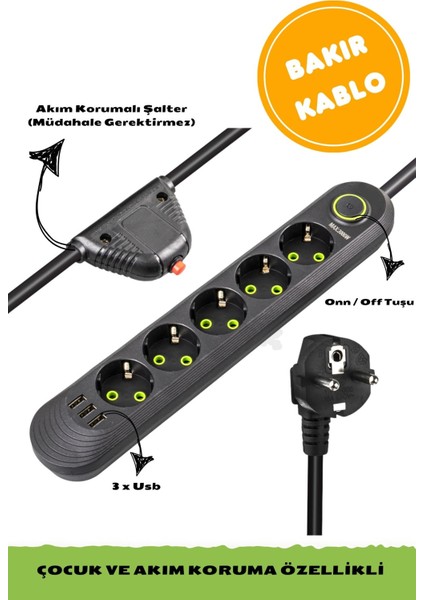 3 USB + 5 Fişli 1.5 Metre Akım Korumalı 1.5 Metre Uzatma Kablolu Priz