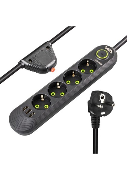 VA-21559 4'lü 1.5 mt Kablolu 3 Usb'li Siyah Akım Korumalı Priz