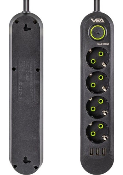 VA-21559 4'lü 1.5 mt Kablolu 3 Usb'li Siyah Akım Korumalı Priz