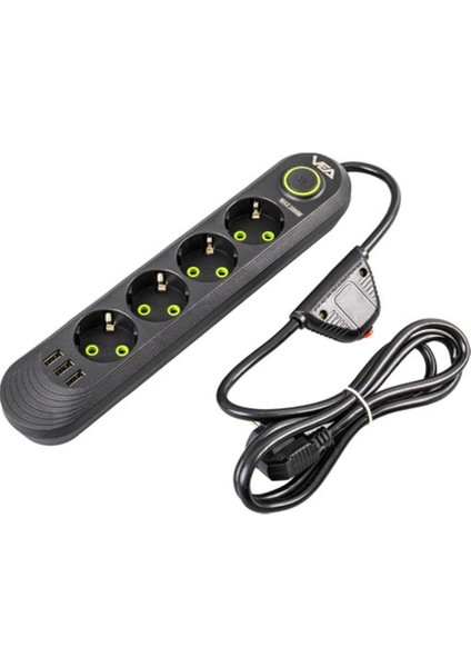 VA-21559 4'lü 1.5 mt Kablolu 3 Usb'li Siyah Akım Korumalı Priz
