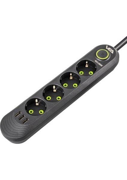 VA-21559 4'lü 1.5 mt Kablolu 3 Usb'li Siyah Akım Korumalı Priz