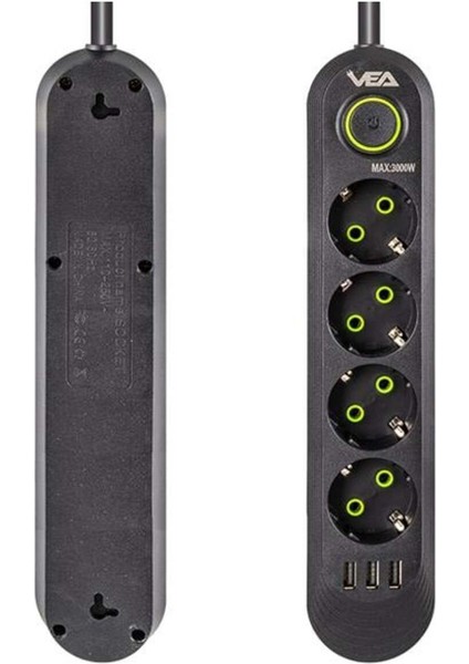 M3LFS- Vea VA-21559 4'lü 1.5 mt Kablolu 3 Usb'li Siyah Akım Korumalı Priz