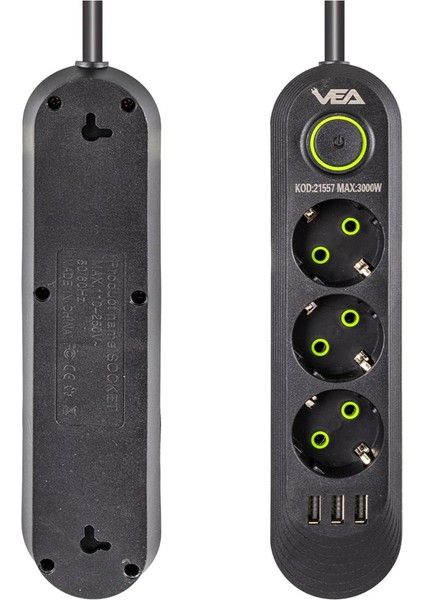 VA-21557 3'lü 1.5 mt Kablolu 3 Usb'li Siyah Akım Korumalı Priz