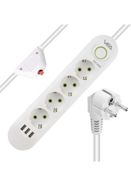 VA-21560 4'lü 1.5 mt Kablolu 3 Usb'li Beyaz Akım Korumalı Priz