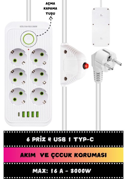 1.5 Metre Akım Korumalı 6'lı Çoklu Priz, 4 x USB + 1 x Type-C Kablo Altılı Grup Priz
