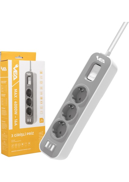 VNDB55 VE-NOVA103 A 3'lü Anahtarli 1.5 mt Shopzum Akım Korumalı Grup Priz fırsatları