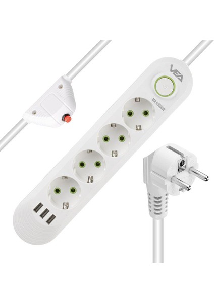 VA-21560 4'lü 1.5 mt Kablolu 3 Usb'li Beyaz Akım Korumalı Priz