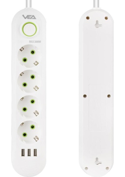 VA-21560 4'lü 1.5 mt Kablolu 3 Usb'li Beyaz Akım Korumalı Priz