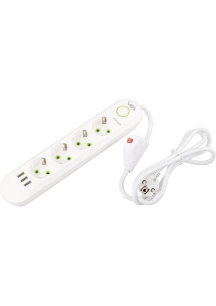 VA-21560 4'lü 1.5 mt Kablolu 3 Usb'li Beyaz Akım Korumalı Priz