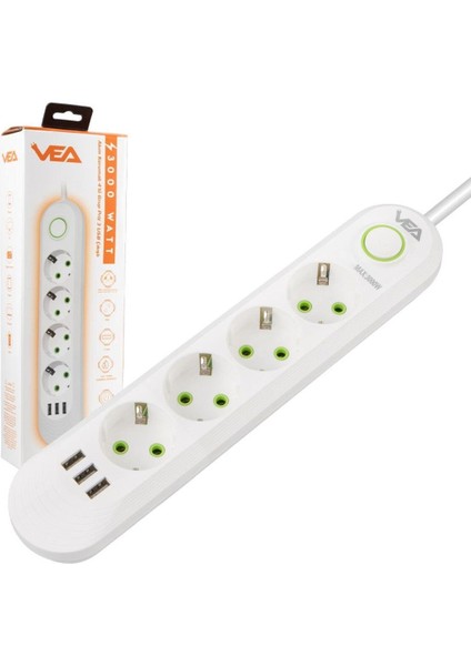VA-21560 4'lü 1.5 mt Kablolu 3 Usb'li Beyaz Akım Korumalı Priz