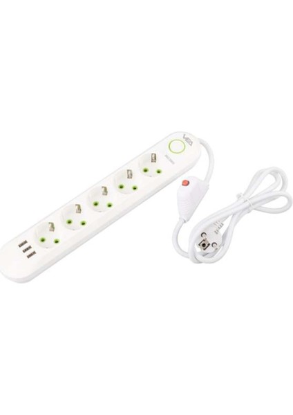 M3LFS- Vea VA-21562 5'li 1.5 mt Kablolu 3 Usb'li Beyaz Akım Korumalı Priz
