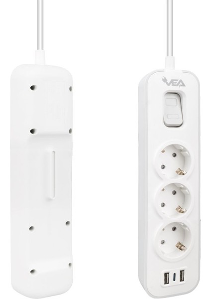 VE-NOVA103U A Class 3lü 2 Usbli Anahtarlı 1.5 Metre Akım Korumalı Grup Priz (Made - LC3033-1267