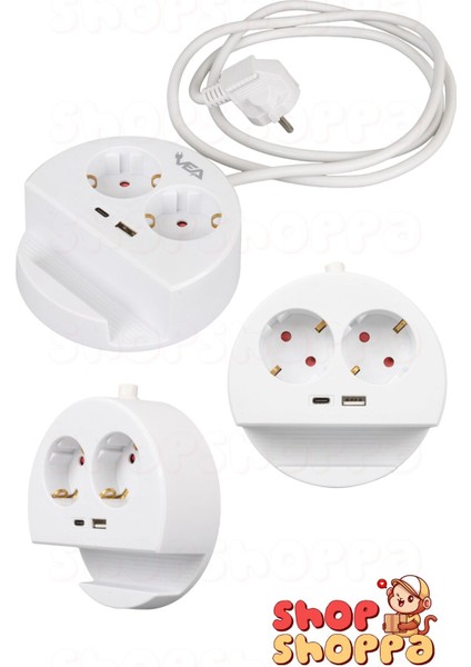 2'li Telefon Standlı Çoklu Grup Priz, 1xusb 1xtype-C Girişli, 1.5 mt Kablolu, 3680W 16A