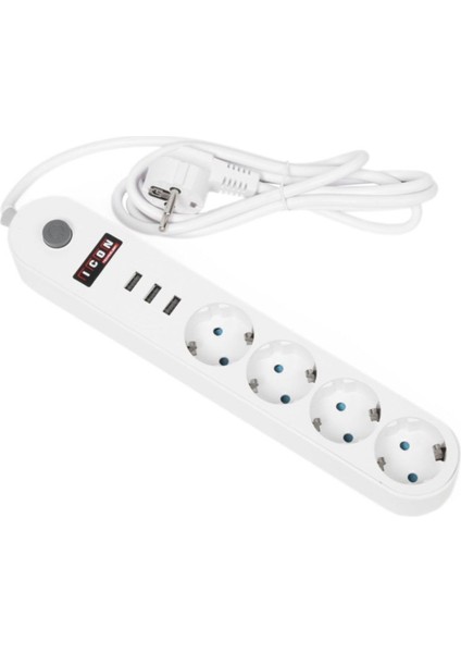 Akım Korumalı 4'lü Priz 3 Port Usb Çoklu Grup Priz 2 mt Kablo 10A - Beyaz