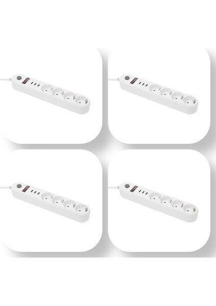 4’lü Ekonomik Paket Anahtarlı Akım Korumalı LED Işıklı Grup Priz 4 Priz + 3 USB Giriş