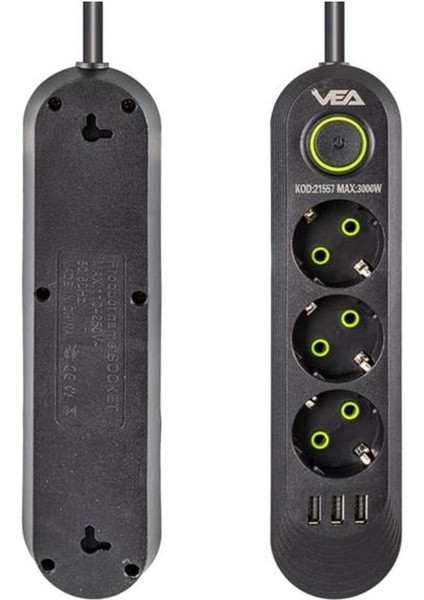 810000 Vea VA-21557 3'lü 1.5 mt Kablolu 3 Usb'li Siyah Akım Korumalı Priz
