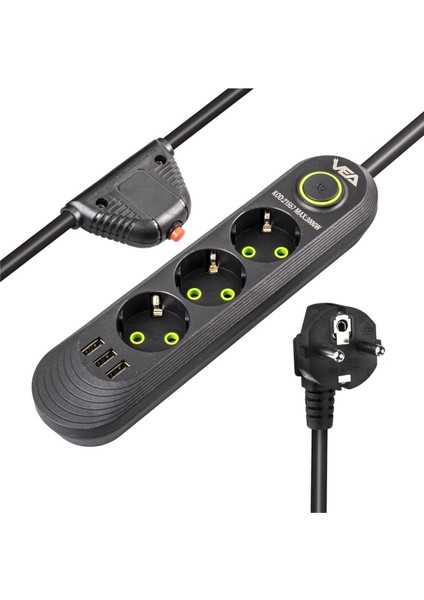 VA-21557 3 x Usb'li 3'lü 1.5 mt Akım Korumalı Priz Siyah