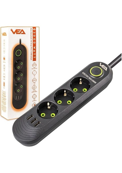 VA-21557 3 x Usb'li 3'lü 1.5 mt Akım Korumalı Priz Siyah